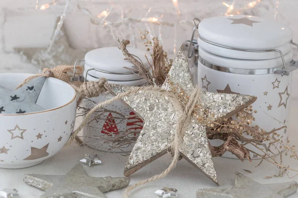 Pots Bol Porcelaine Blanche Avec Décoration Noël Argent Lumière Chaude — Photo