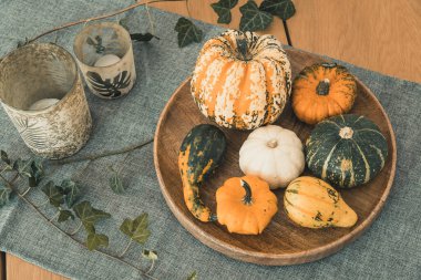 Yenebilir ve dekoratif balkabakları yuvarlak ahşap tepside, yeşil bardaklar ve sarmaşık bir oturma odası masasının süsü olarak.