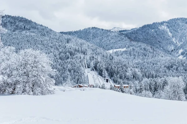 有积雪覆盖的冷杉树和三次滑雪跳跃的山脉 巴伐利亚冬季运动地点 复制空间 单色色彩 — 图库照片