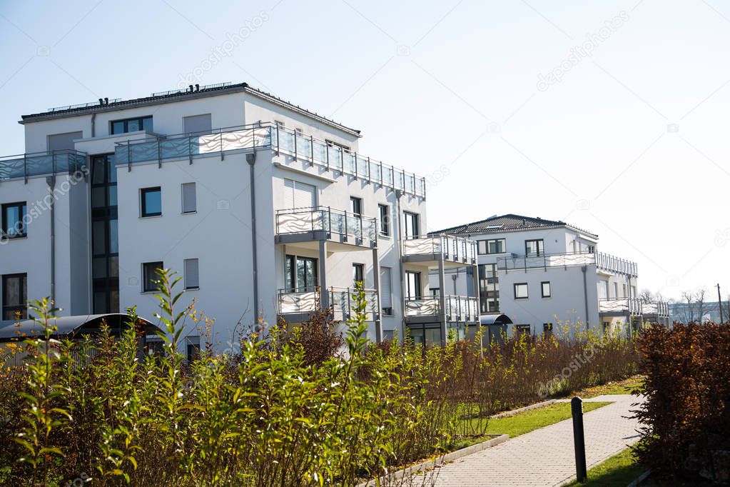 Modern residential complex in Germany, blue sky, munich