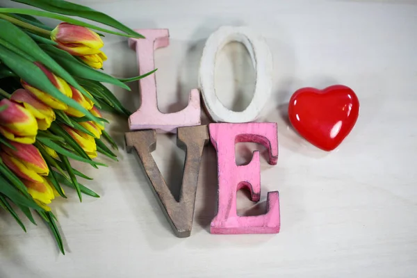 Miłość Serca Tulipany Walentynki Urodziny Karta — Zdjęcie stockowe
