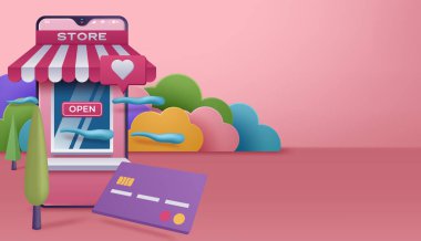Web sitelerinden 3D Online Alışveriş veya Vector Pazarlama ve Dijital Pazarlama Mobil Uygulamaları. Vektör illüstrasyonu