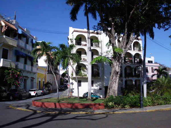 Calles Azar Con Hermosas Palmeras Verdes Lujosas Casas Luminosas San — Foto de Stock