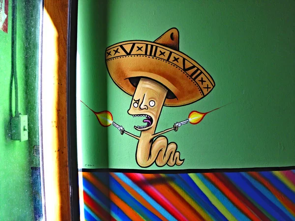Colorido Wallart Gusano Fugaz Con Sombrero Visto Restaurante Mexicano San — Foto de Stock