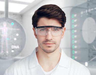 Gelecekteki laboratuvarda DNA genomu ve kromozomu araştıran genç bir bilim adamı. Genetik biyoteknoloji biyokimya deneyleri. Dijital sağlık ve tıbbi veri kavramı. 