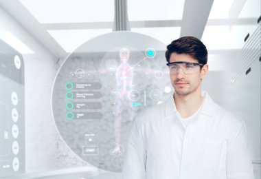 Gelecekteki laboratuvarda DNA genomu ve kromozomu araştıran genç bir bilim adamı. Genetik biyoteknoloji biyokimya deneyleri. Dijital sağlık ve tıbbi veri konsepti. 3d oluşturma arkaplanı.