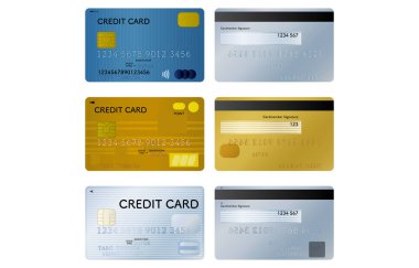 Üç tip kredi kartının ön ve arka çizimleri (mavi, altın, platin)