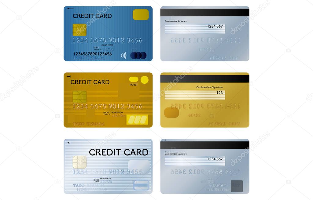 Illustration set of front and back of three types of credit cards (blue, gold, platinum)