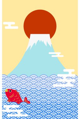 Yılbaşı kartı, Mt. Fuji ve yılın ilk gün doğumu, çipura, deniz ve haz tasarımı.