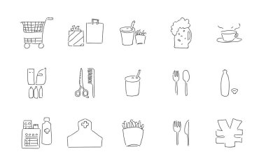 Kaba el yazısı simgesi seti: alışveriş ve vektör illüstrasyonu yeme