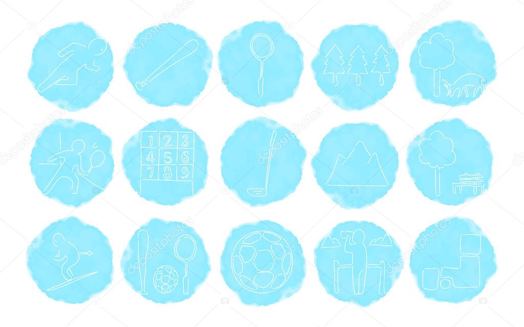 Rough handwritten watercolor style icon set: sports and nature vector illustratio