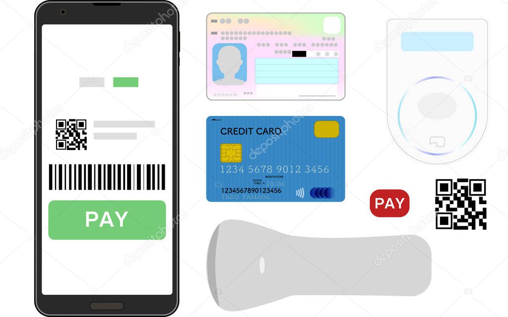 Cashless image illustration set for smartphone payment application and credit card paymen