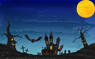 Cadılar Bayramı şatosu ve ay ışığı gece çizimi, suluboya tarzı grung