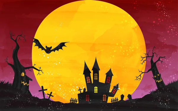Castillo Halloween Noche Iluminada Por Luna Ilustración Grung Estilo Acuarela — Vector de stock