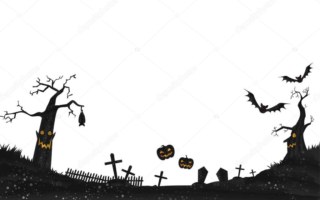 Illustration of a spooky graveyard with a haunted Halloween pumpkin and dead tre