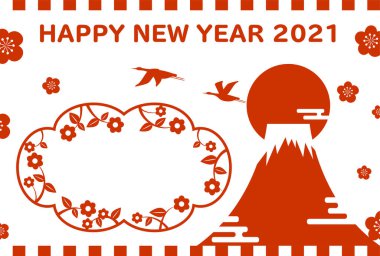 2021 yılbaşı kartı. Mt. Fuji ve yılın ilk gün doğumu