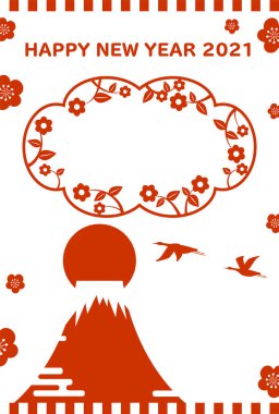 2021 yılbaşı kartı. Mt. Fuji ve yılın ilk gün doğumu