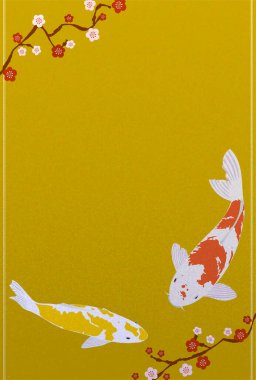 Kırmızı ve sarı Nishikigoi 'nin yeni yıl kartı illüstrasyonu: Mutlu yıllar, geçen yıl için teşekkürler. Bu yıl tekrar görüştüğümüze sevindim..