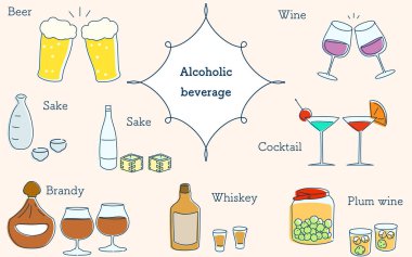 Sake, batı sakesi, kokteyl ve bira çizimleri.