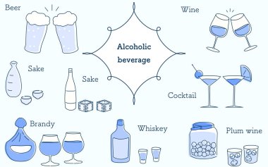 Sake, batı sakesi, kokteyl ve bira çizimleri.