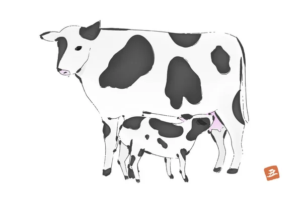 Nowy Rok Materiał Kartki 2021 Rok Wołu Pędzel Rysowane Krowy — Wektor stockowy