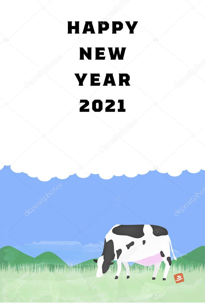 New Year's card postcard template Illustration of Holstein in the ranch, oxen year 2021