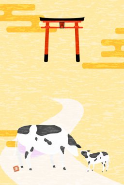 Yeni yıl kartpostalı 2021 öküz yılı, tapınağın ilk yılının ineği ve Tanrı 'nın habercisi.