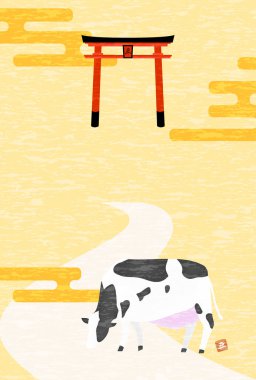 Yeni yıl kartpostalı 2021 öküz yılı, tapınağın ilk yılının ineği ve Tanrı 'nın habercisi.