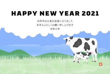 Holstein 'in çiftlikteki resminin yılbaşı kartpostalında 2021 yılındaki öküz resmi.