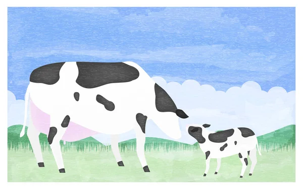 图上的母亲和小牛犊在夏日牧场打招呼的情景 — 图库矢量图片