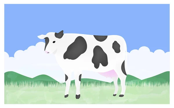 Illustration Cow Standing Upright Summer Ranch — Stock Vector