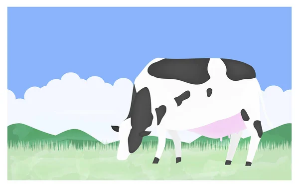 描述一头奶牛在夏天的牧场上吃草 — 图库矢量图片