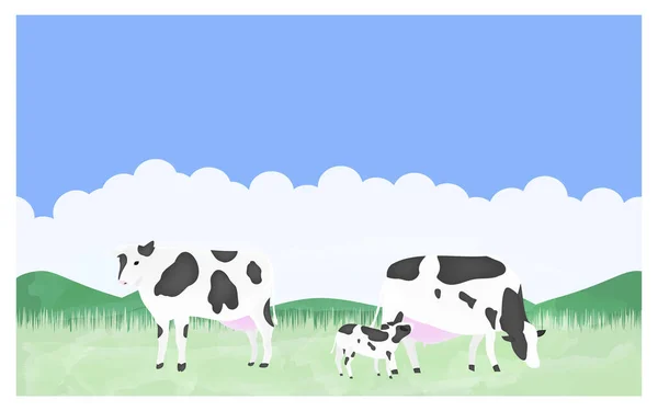 说明奶牛在夏季牧场上吃草的情况 — 图库矢量图片
