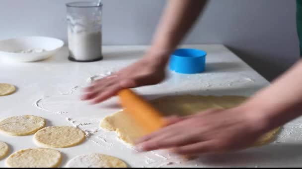 Kurabiye Hazırlayan Ellere Yakın Çekim Çocuk Ebeveyn Birlikte Yemek Pişirir — Stok video
