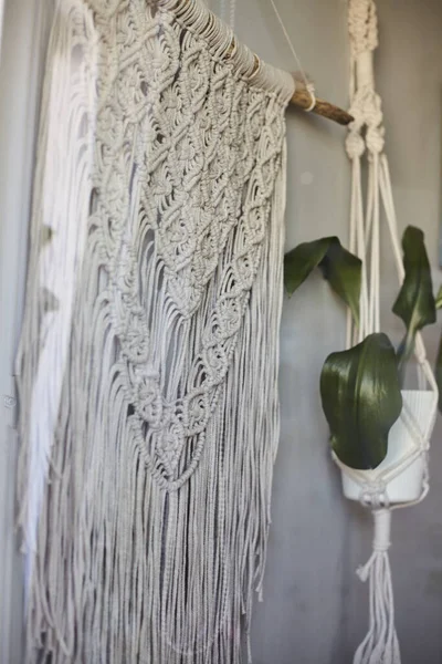 Wall Panel Style Boho Made Cotton Threads Natural Color Using — Stock Photo, Image