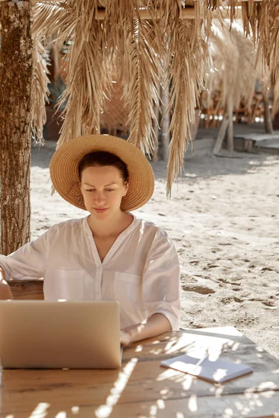 Kumsalda dizüstü bilgisayar kullanan genç bir kadın. Serbest çalışma kavramı