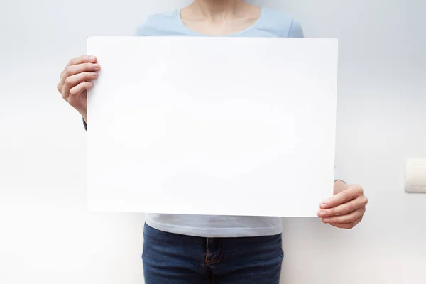 Hands Hold Sheet Empty Space Label — Stock Photo, Image