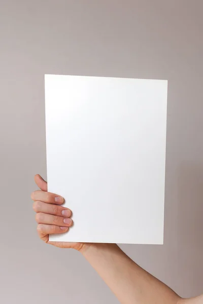 Hands Hold Sheet Empty Space Label — Stock Photo, Image