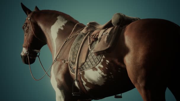 Sadel med stigbyglar på ryggen av en häst — Stockvideo