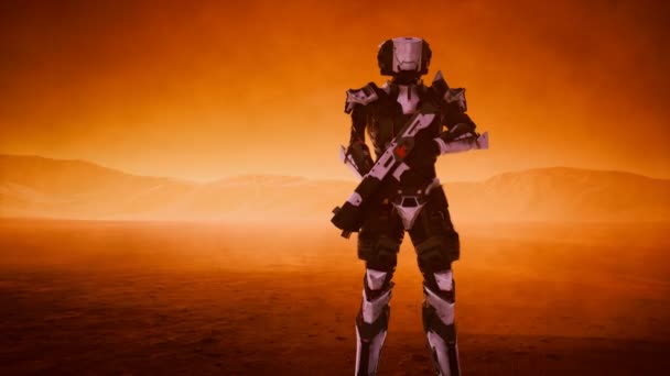 Futurystyczny żołnierz na pustyni podczas burzy piaskowej — Wideo stockowe