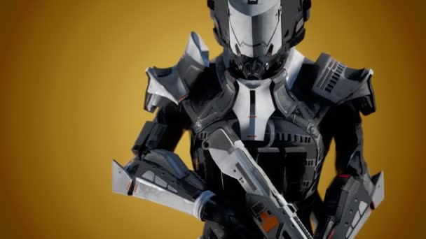 サイバーパンク銃を持つ鋼の鎧で未来的な兵士 — ストック動画
