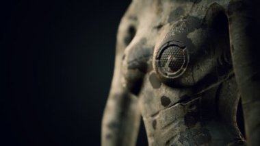 Yakılmış takım elbiseli gelecekçi bilim kurgu kadını.