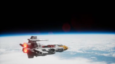 Dünya 'nın yakınındaki fütürist uzay gemisi. Bu görüntünün elementleri NASA tarafından desteklenmektedir