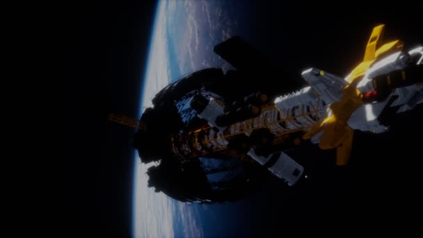 Dünya yörüngesindeki bir uzay gemisinin 3 boyutlu çizimi — Stok video