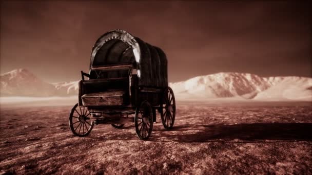 Lienzo cubierto carro retro en el desierto al atardecer — Vídeos de Stock