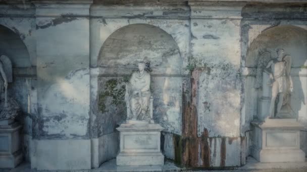 Estatuas romanas acientes en la pared de piedra — Vídeos de Stock