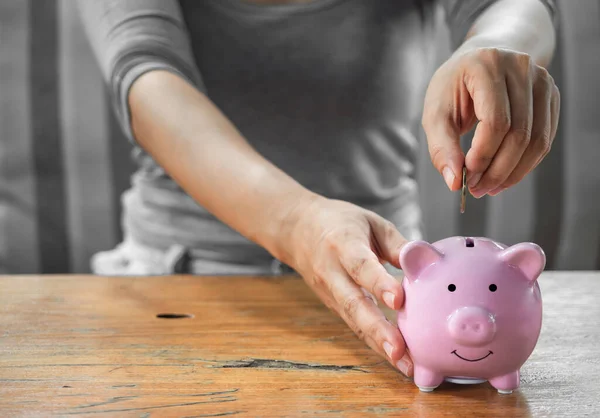 woman is putting golden coin into piggy for saving money wealth and financial concept. sitting indoor and on wooden table is pink piggy bank