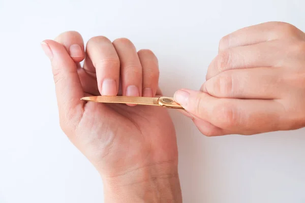 Female Hands Use Nail File White Background View Manicure Home — Stock Photo, Image