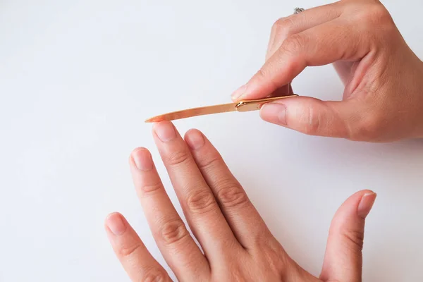 Female Hands Use Nail File White Background View Manicure Home — Stock Photo, Image