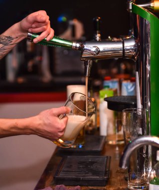 Barmen musluktan bardağa soğuk bira doldurur..